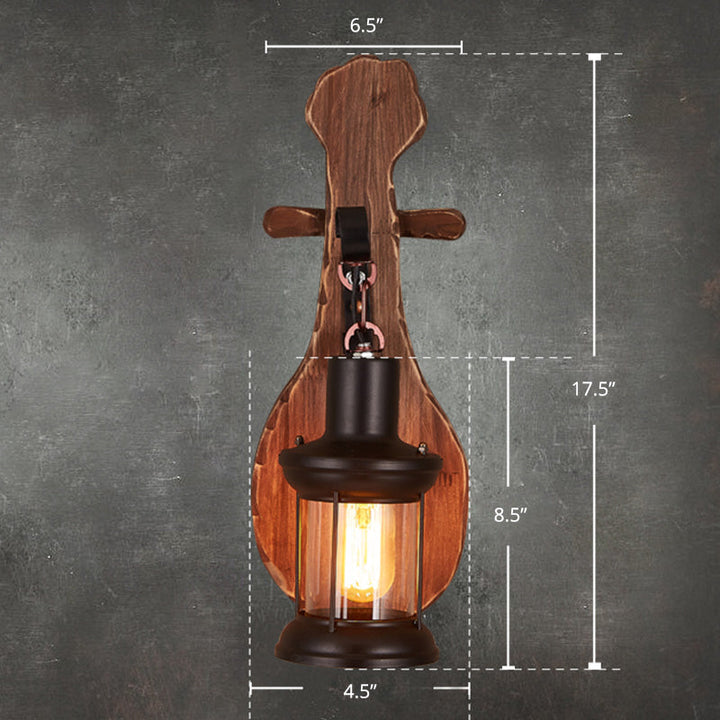 Lisslune | Nautical Novelty Guitar Wall Light Fixture 1-Light Wooden Sconce with Lantern Lampshade