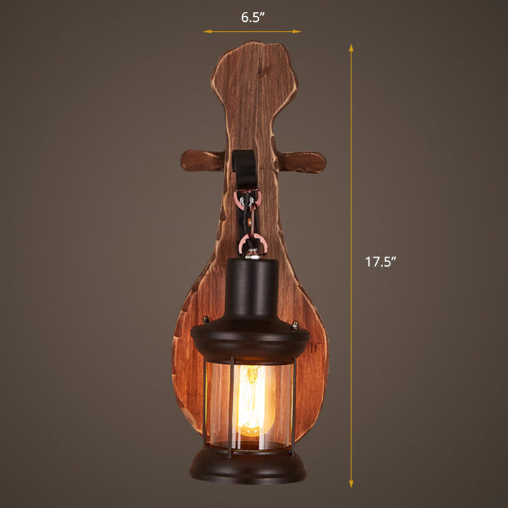 Lisslune | Nautical Novelty Guitar Wall Light Fixture 1-Light Wooden Sconce with Lantern Lampshade