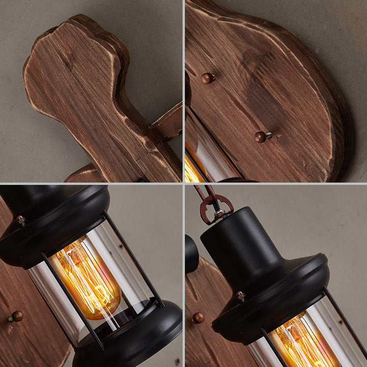 Lisslune | Nautical Novelty Guitar Wall Light Fixture 1-Light Wooden Sconce with Lantern Lampshade