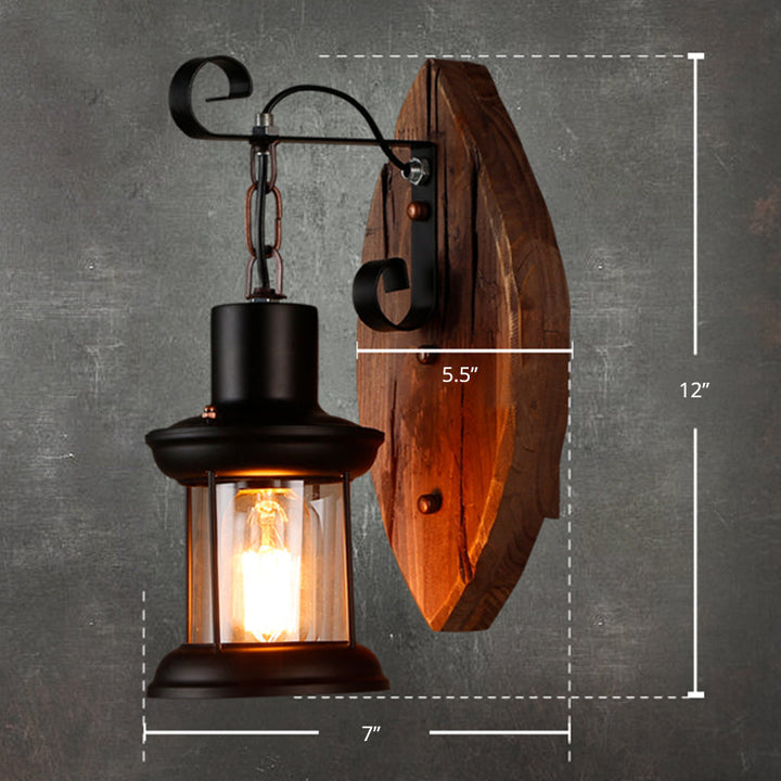 Lisslune | 1-Bulb Lantern Wall Light Coastal Wood and Black Clear Glass Wall Lamp for Hallway