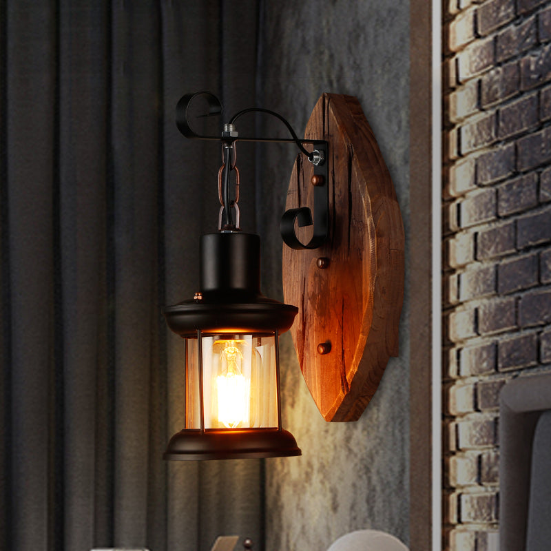 Lisslune | 1-Bulb Lantern Wall Light Coastal Wood and Black Clear Glass Wall Lamp for Hallway