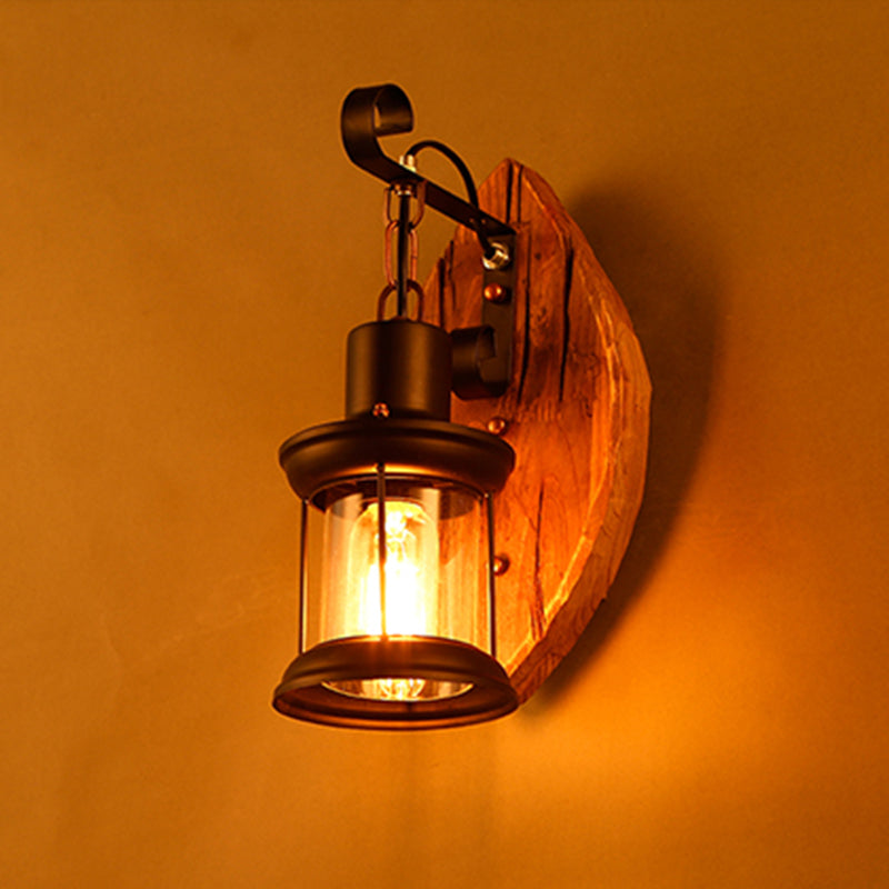 Lisslune | 1-Bulb Lantern Wall Light Coastal Wood and Black Clear Glass Wall Lamp for Hallway