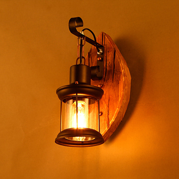 Lisslune | 1-Bulb Lantern Wall Light Coastal Wood and Black Clear Glass Wall Lamp for Hallway