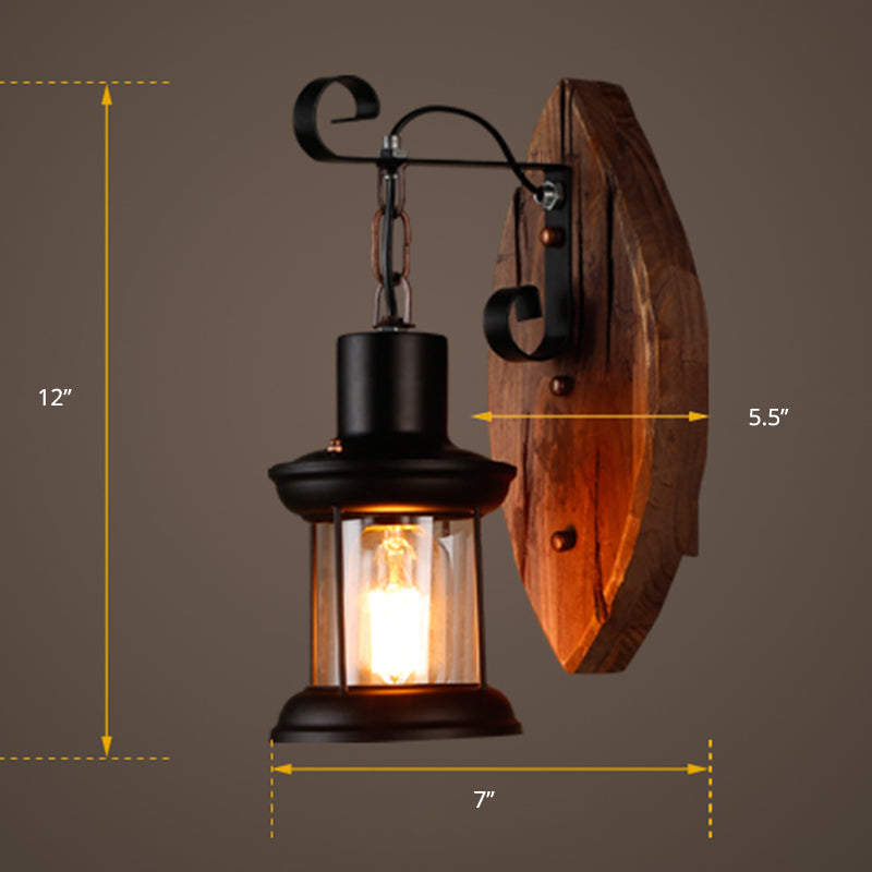Lisslune | 1-Bulb Lantern Wall Light Coastal Wood and Black Clear Glass Wall Lamp for Hallway