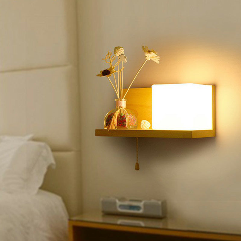 Lisslune | Milk glass cube wall lighting Nordic 1-bulb wooden shelf wall lamp with pull chain