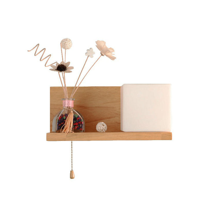 Lisslune | Milk glass cube wall lighting Nordic 1-bulb wooden shelf wall lamp with pull chain