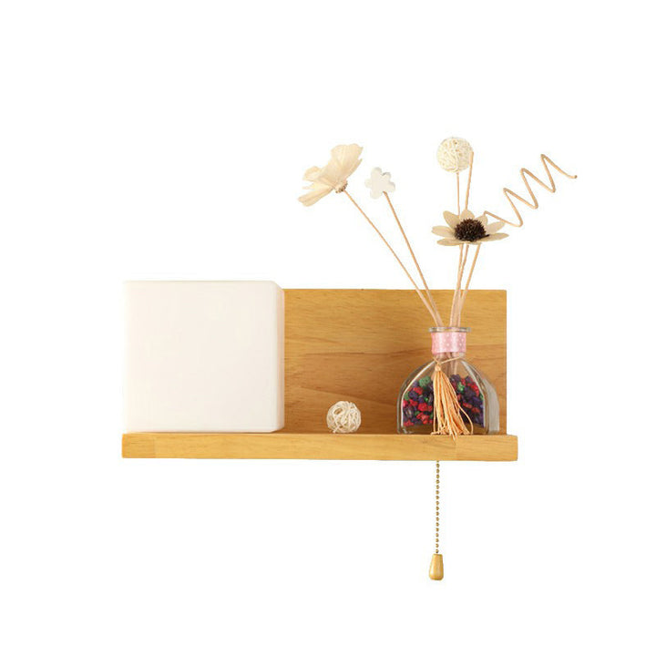 Lisslune | Milk glass cube wall lighting Nordic 1-bulb wooden shelf wall lamp with pull chain