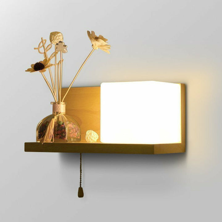 Lisslune | Milk glass cube wall lighting Nordic 1-bulb wooden shelf wall lamp with pull chain