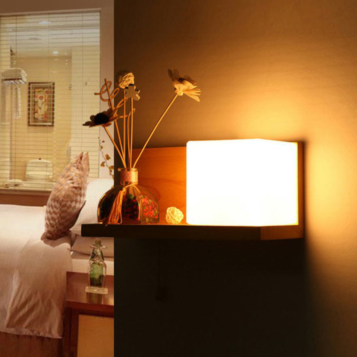 Lisslune | Milk glass cube wall lighting Nordic 1-bulb wooden shelf wall lamp with pull chain