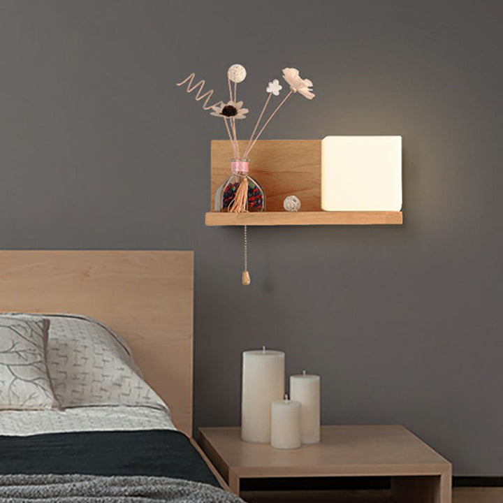 Lisslune | Milk glass cube wall lighting Nordic 1-bulb wooden shelf wall lamp with pull chain