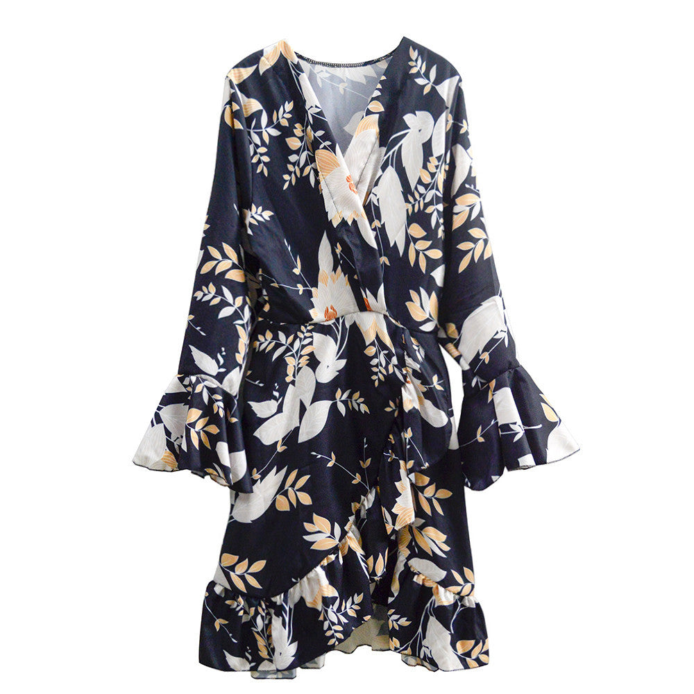 Ladies wrap dress with floral design and ruffle details Lisslune