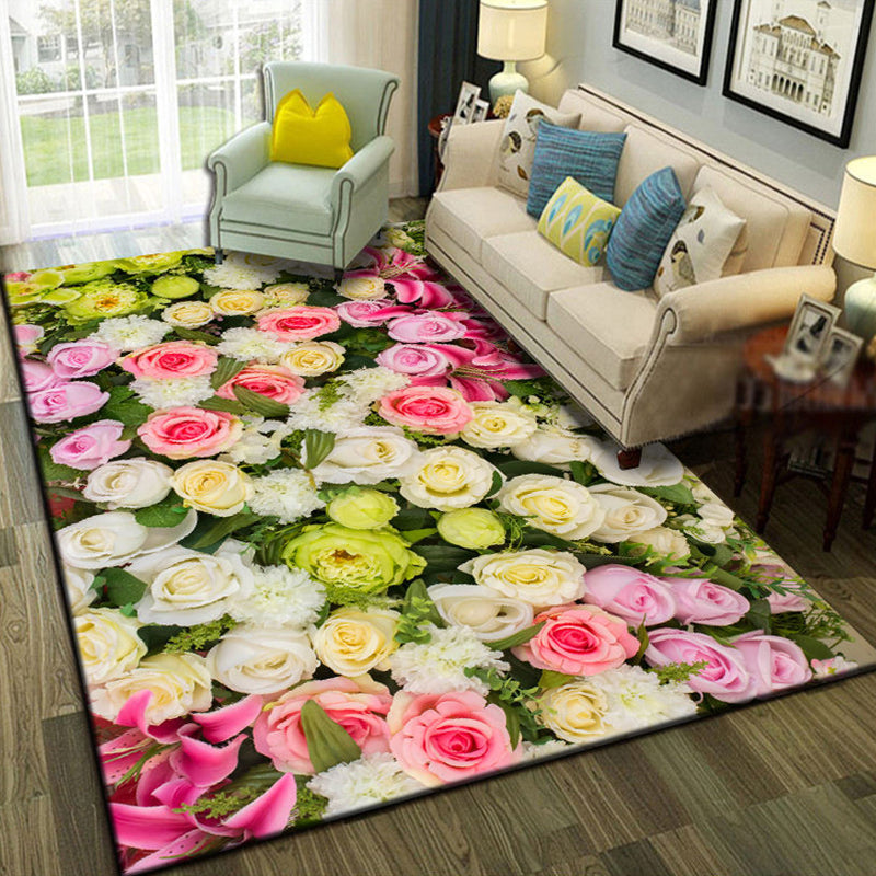 Lisslune | Multicolor Living Room Rug Trendy Floral Print Indoor Carpet Cotton Blend Easy Care Pet Friendly Rug