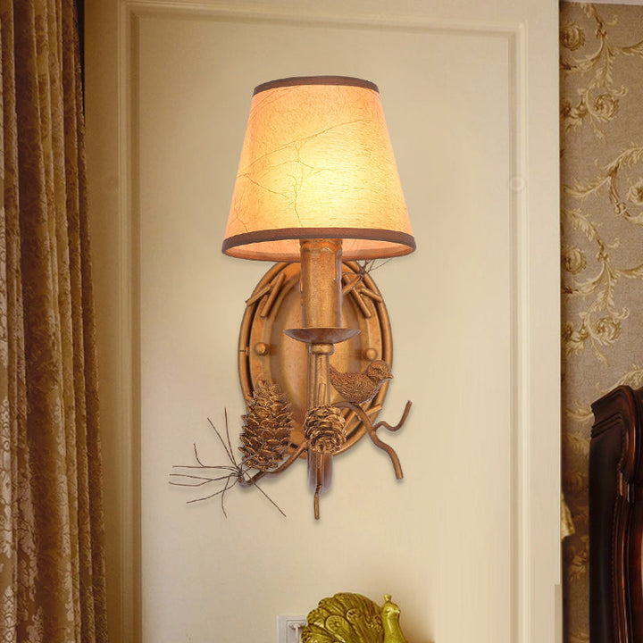 Skørter | Metal Cone Wall Lamp Vintage 1 Light Indoor Wall Mounted Lamp in Bronze with Bird Accent