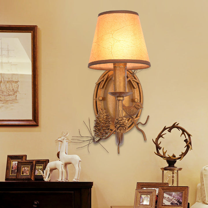 Skørter | Metal Cone Wall Lamp Vintage 1 Light Indoor Wall Mounted Lamp in Bronze with Bird Accent