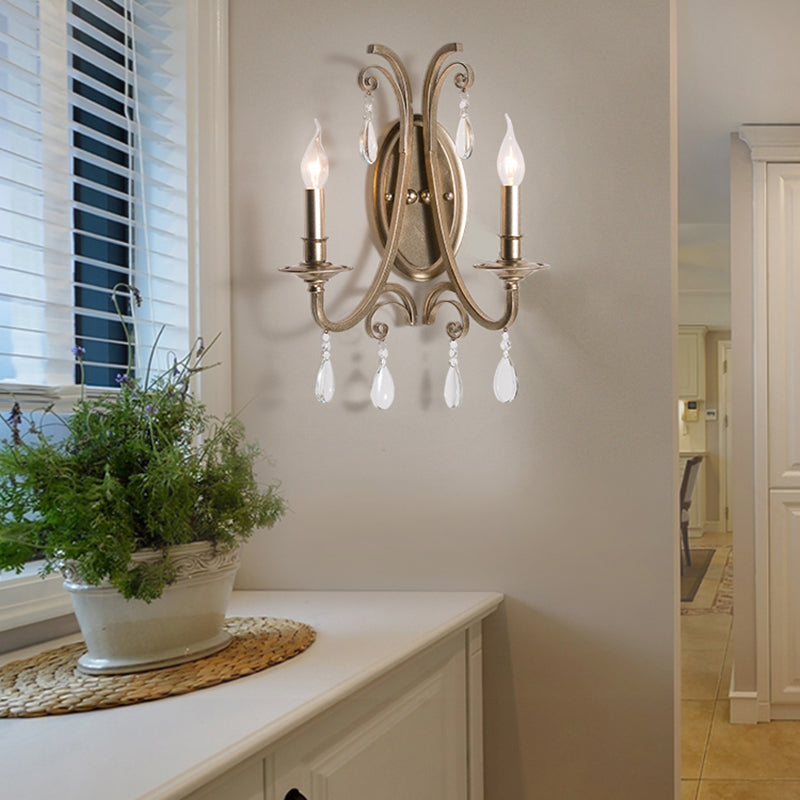 Skørter | 1/2 Light Wall Lamp Lighting Country Short Arm Metal Wall Light Fixture in Champagne with Crystal Decoration