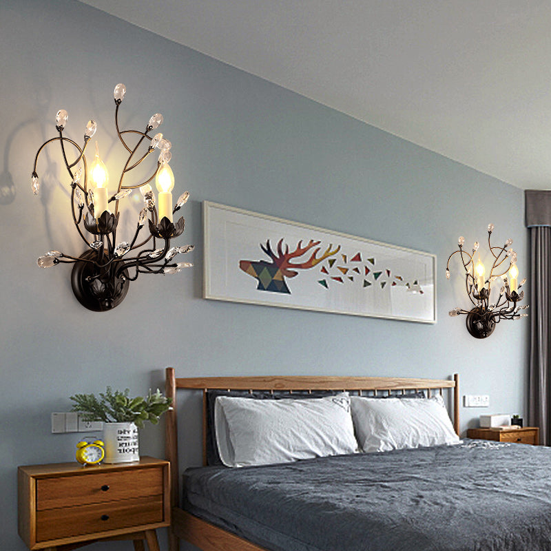 Skørter | Black 2-Light Wall Lamp Rustic Metal Candle Wall Lighting Fixture for Bedroom with Crystal Decorative