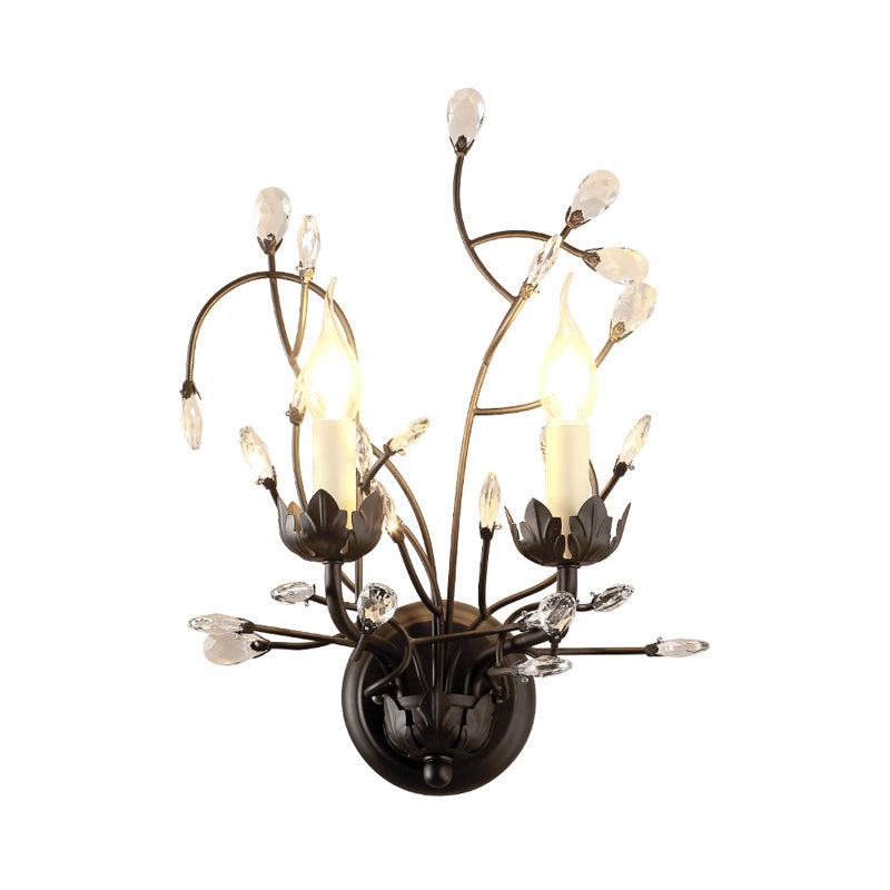 Skørter | Black 2-Light Wall Lamp Rustic Metal Candle Wall Lighting Fixture for Bedroom with Crystal Decorative