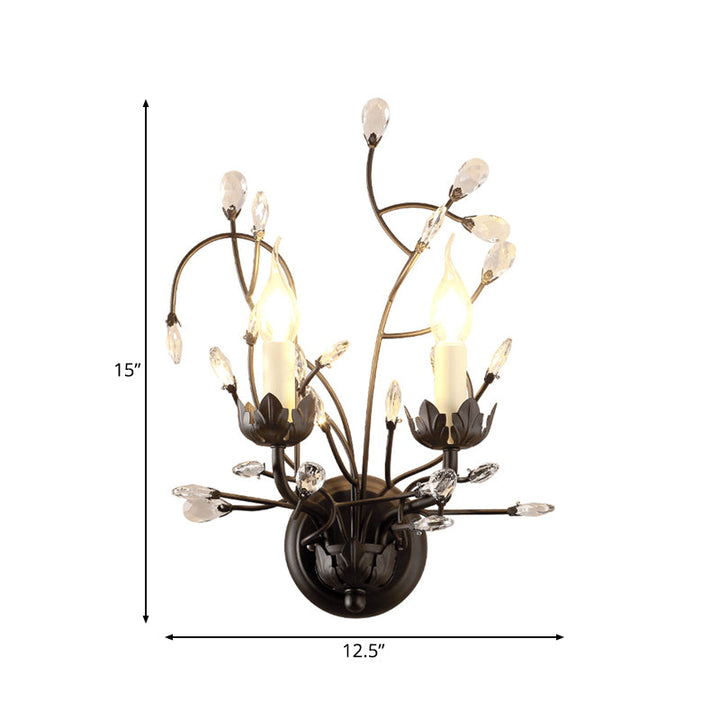 Skørter | Black 2-Light Wall Lamp Rustic Metal Candle Wall Lighting Fixture for Bedroom with Crystal Decorative