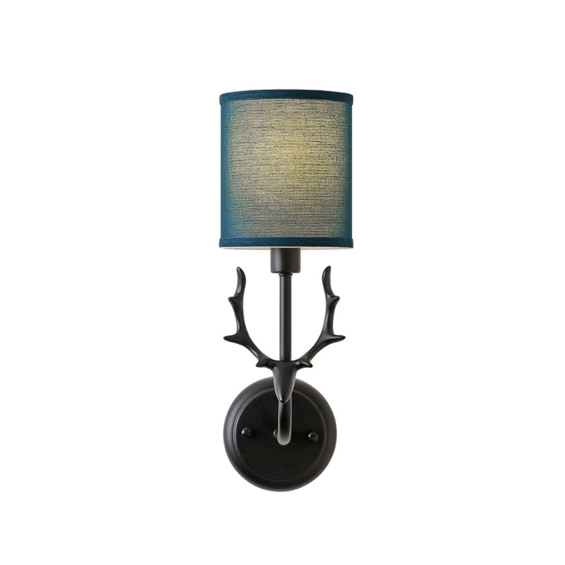 Skørter | Rustic Cylinder Wall Lamp 1 Lamp Resin and Fabric Wall Mounted Light in Black/White with Deer Antler Decoration