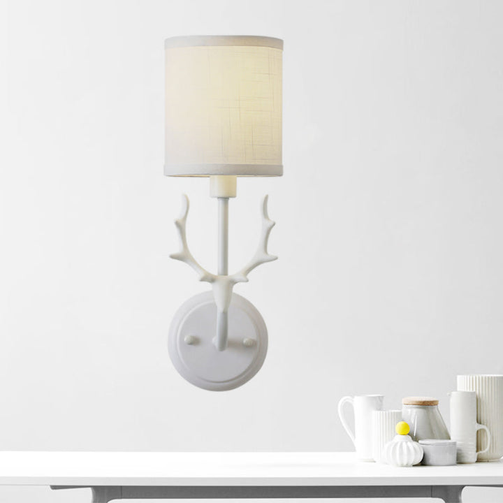 Skørter | Rustic Cylinder Wall Lamp 1 Lamp Resin and Fabric Wall Mounted Light in Black/White with Deer Antler Decoration