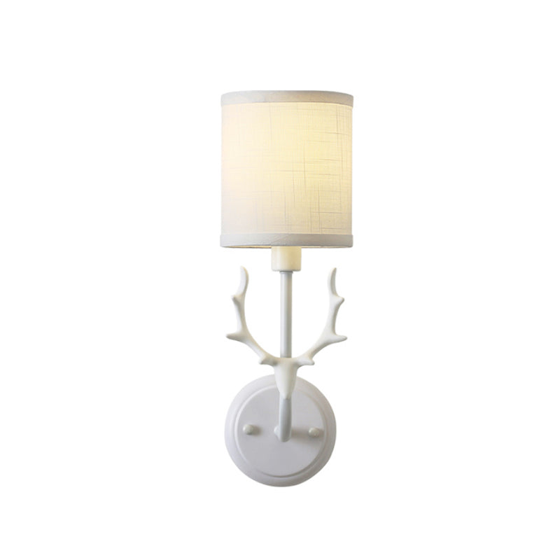 Skørter | Rustic Cylinder Wall Lamp 1 Lamp Resin and Fabric Wall Mounted Light in Black/White with Deer Antler Decoration