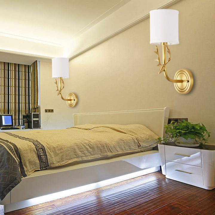 Skørter | Metal Elk Wall Lamp Rustic 1/2 Light Living Room Wall Mount Lamp in Black/Gold with Cylindrical Fabric Shade