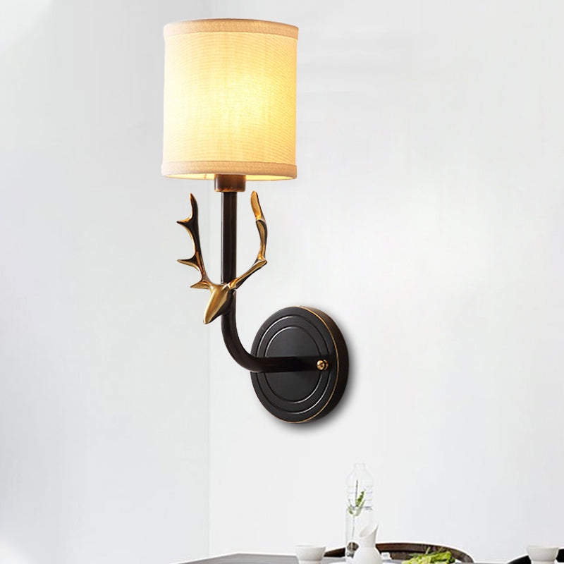Skørter | Metal Elk Wall Lamp Rustic 1/2 Light Living Room Wall Mount Lamp in Black/Gold with Cylindrical Fabric Shade