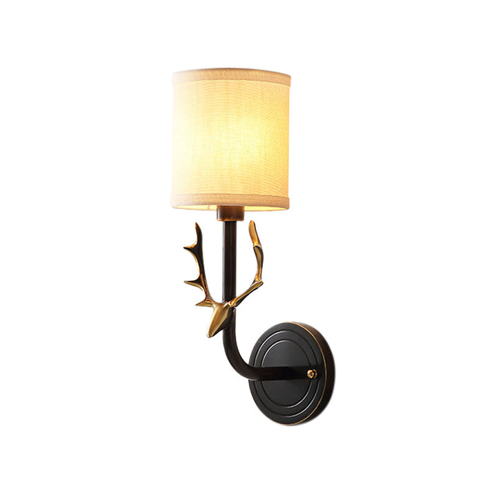 Skørter | Metal Elk Wall Lamp Rustic 1/2 Light Living Room Wall Mount Lamp in Black/Gold with Cylindrical Fabric Shade