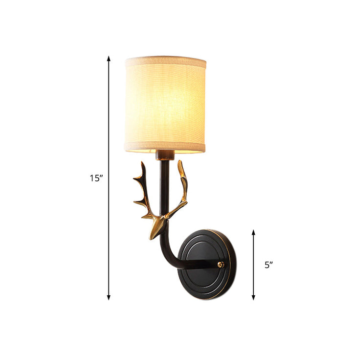 Skørter | Metal Elk Wall Lamp Rustic 1/2 Light Living Room Wall Mount Lamp in Black/Gold with Cylindrical Fabric Shade