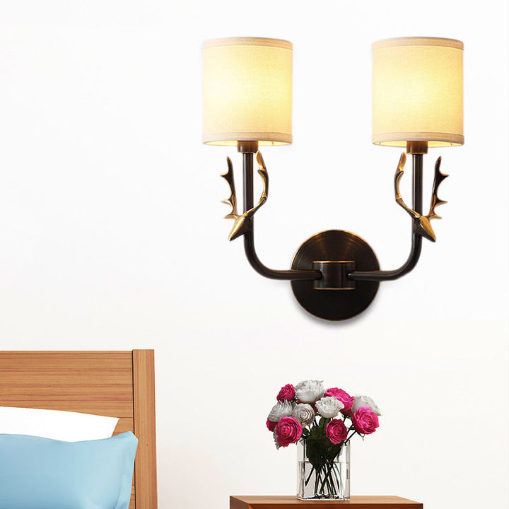 Skørter | Metal Elk Wall Lamp Rustic 1/2 Light Living Room Wall Mount Lamp in Black/Gold with Cylindrical Fabric Shade