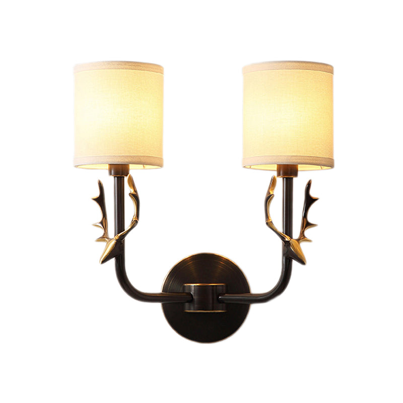 Skørter | Metal Elk Wall Lamp Rustic 1/2 Light Living Room Wall Mount Lamp in Black/Gold with Cylindrical Fabric Shade