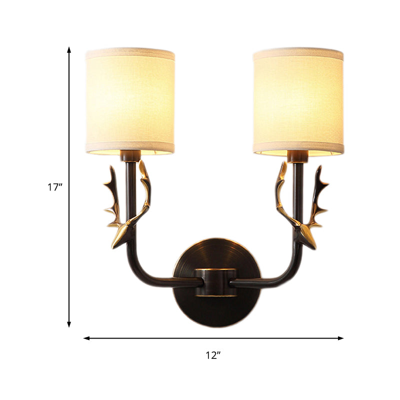 Skørter | Metal Elk Wall Lamp Rustic 1/2 Light Living Room Wall Mount Lamp in Black/Gold with Cylindrical Fabric Shade