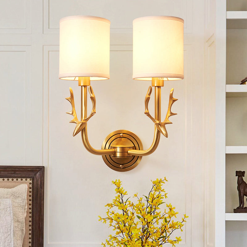 Skørter | Metal Elk Wall Lamp Rustic 1/2 Light Living Room Wall Mount Lamp in Black/Gold with Cylindrical Fabric Shade