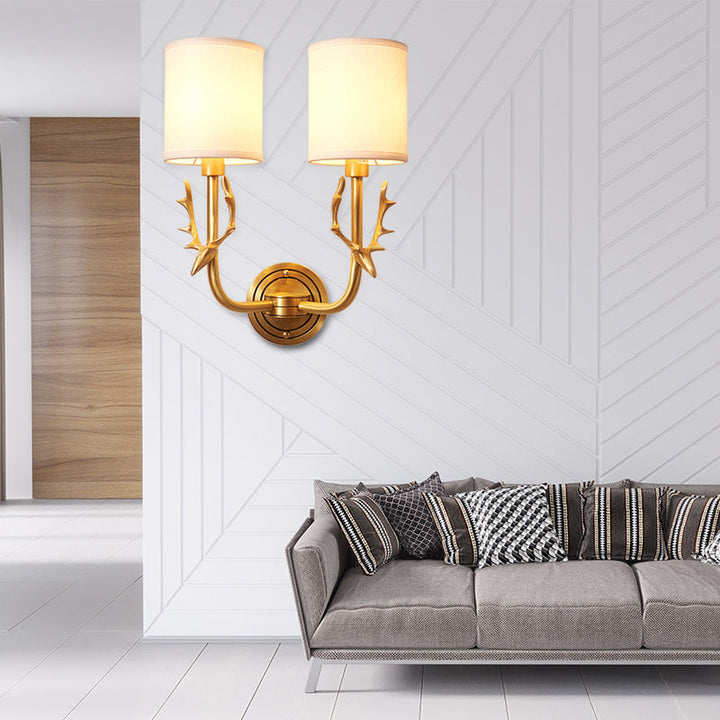 Skørter | Metal Elk Wall Lamp Rustic 1/2 Light Living Room Wall Mount Lamp in Black/Gold with Cylindrical Fabric Shade