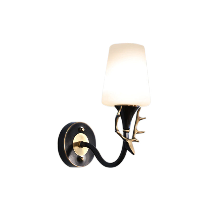 Skørter | Black/Gold 1/2 Light Wall Lamp Rustic Metal Curved Arm Wall Lighting for Bedroom with Conical Matte Glass Shade