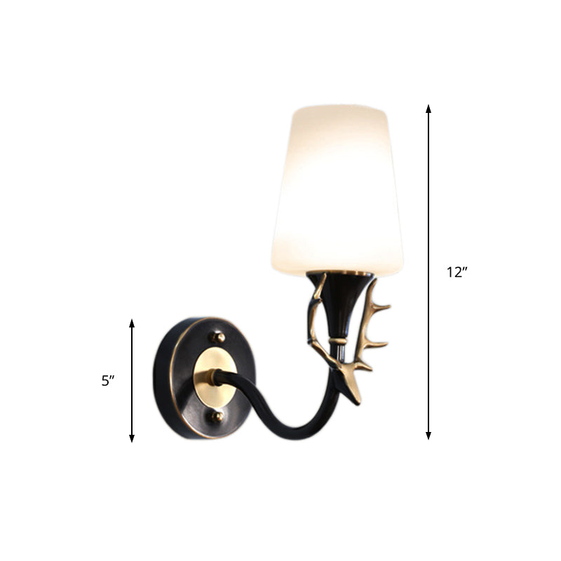 Skørter | Black/Gold 1/2 Light Wall Lamp Rustic Metal Curved Arm Wall Lighting for Bedroom with Conical Matte Glass Shade