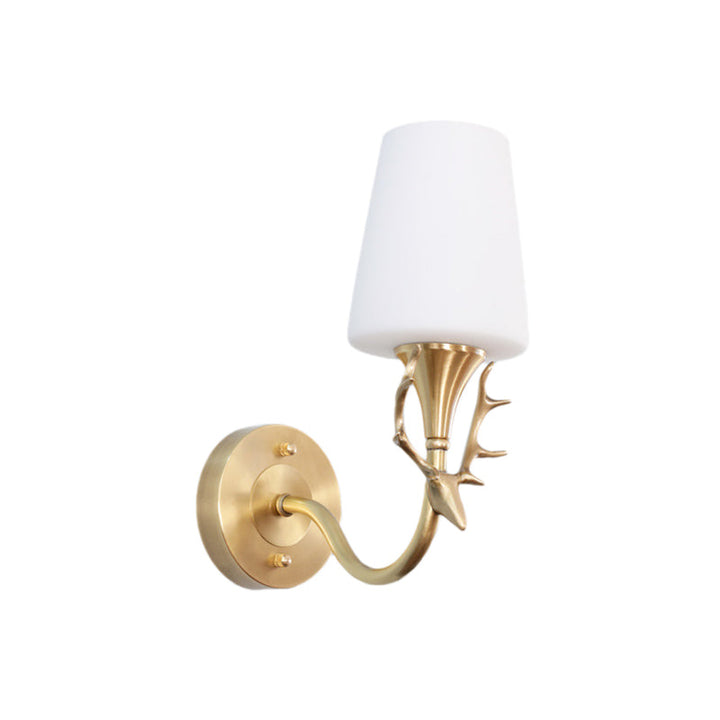 Skørter | Black/Gold 1/2 Light Wall Lamp Rustic Metal Curved Arm Wall Lighting for Bedroom with Conical Matte Glass Shade
