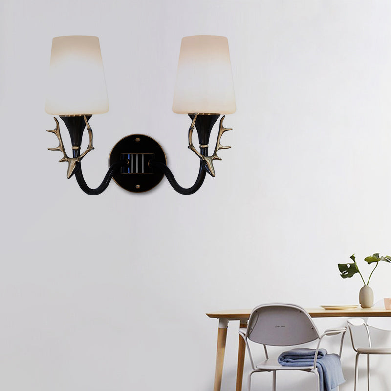 Skørter | Black/Gold 1/2 Light Wall Lamp Rustic Metal Curved Arm Wall Lighting for Bedroom with Conical Matte Glass Shade