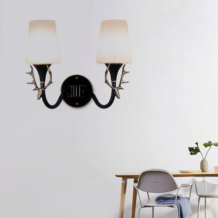 Skørter | Black/Gold 1/2 Light Wall Lamp Rustic Metal Curved Arm Wall Lighting for Bedroom with Conical Matte Glass Shade