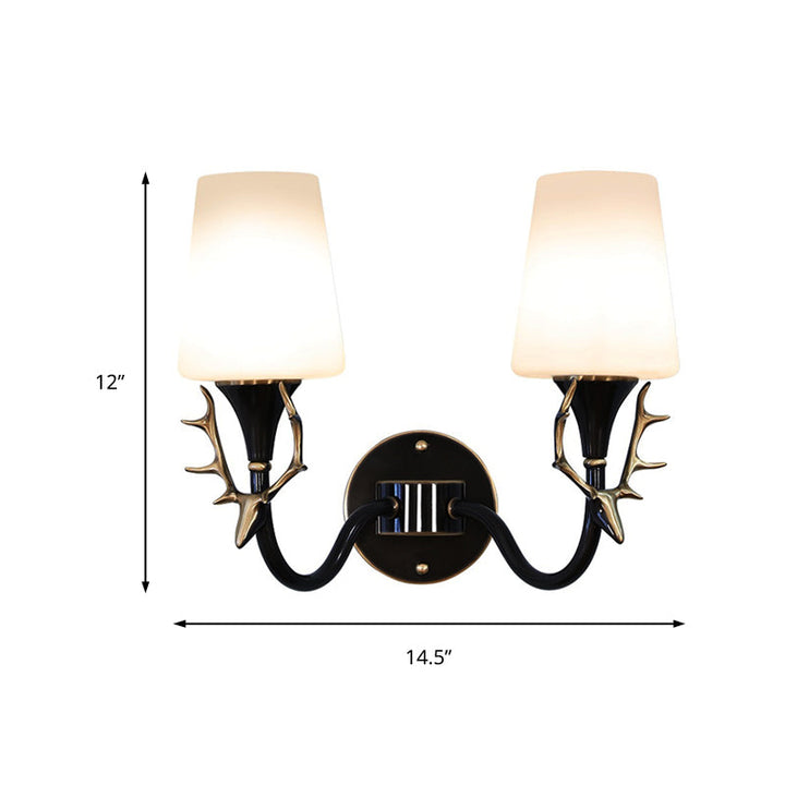 Skørter | Black/Gold 1/2 Light Wall Lamp Rustic Metal Curved Arm Wall Lighting for Bedroom with Conical Matte Glass Shade