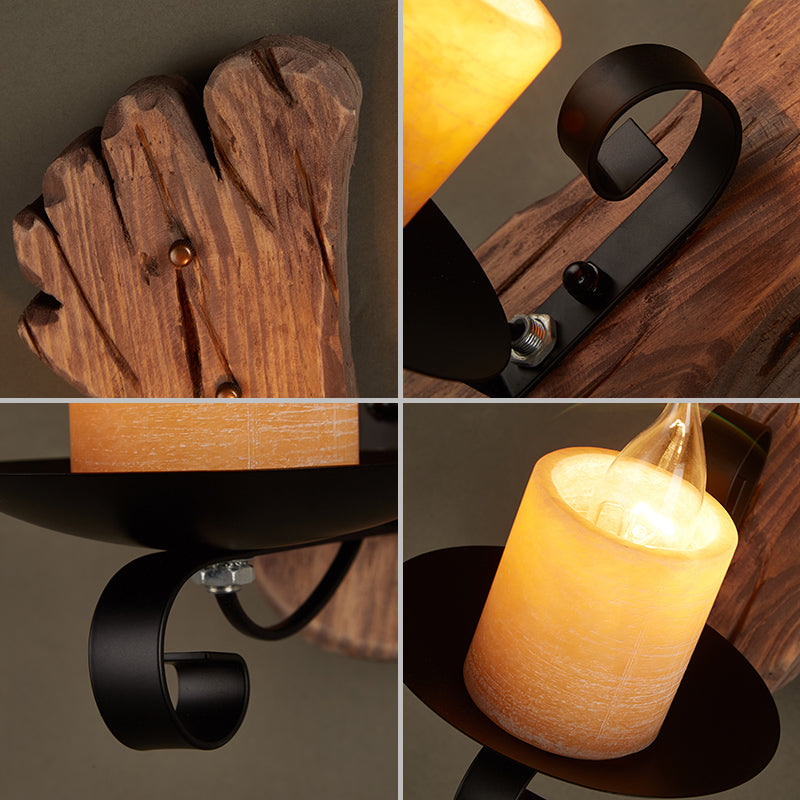 Skørter | 1 Light Wall Lamp Lighting Country Candle Marble Wall Lamp Light Fixture in Black with Footprint Wooden Backplate