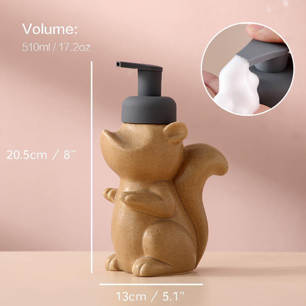 Lisslune | Ceramic Soap Dispenser, Squirrel Foam Pump Bathroom Bottle, Animal Design, Refillable Reusable Lotion Pump for Bathroom Kitchen, 510ml/17.2oz