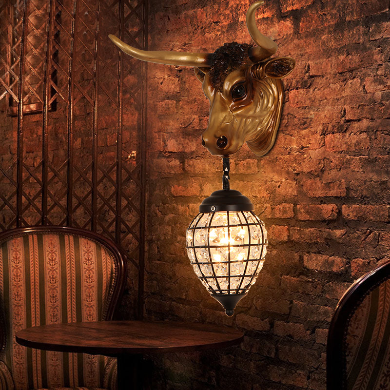 Skørter | Country Cattle Wall Light 1-Light Resin Wall Mount Lighting in Brown with Drop/Globe Crystal Shade