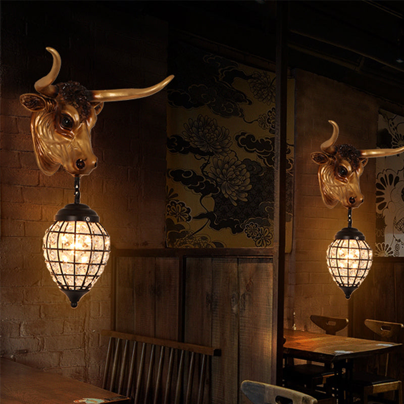 Skørter | Country Cattle Wall Light 1-Light Resin Wall Mount Lighting in Brown with Drop/Globe Crystal Shade