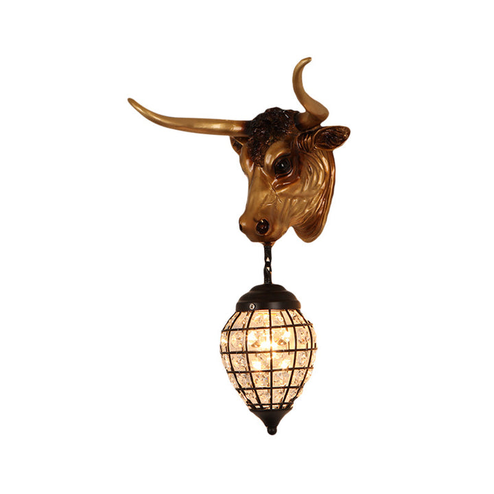 Skørter | Country Cattle Wall Light 1-Light Resin Wall Mount Lighting in Brown with Drop/Globe Crystal Shade