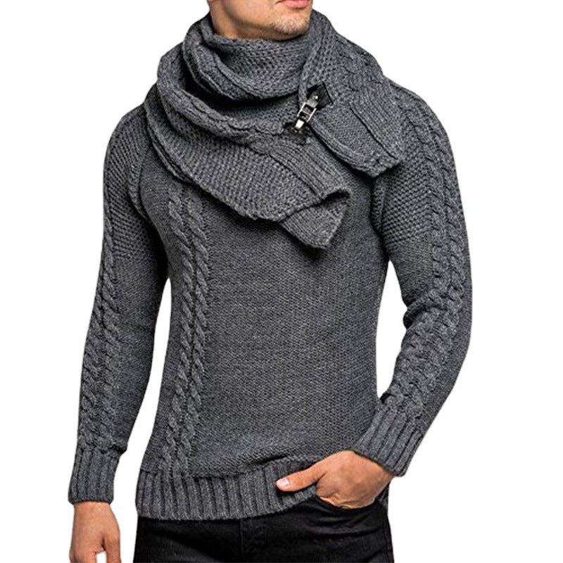 Men's stylish knitted sweater with chic collar and practical scarf Lisslune