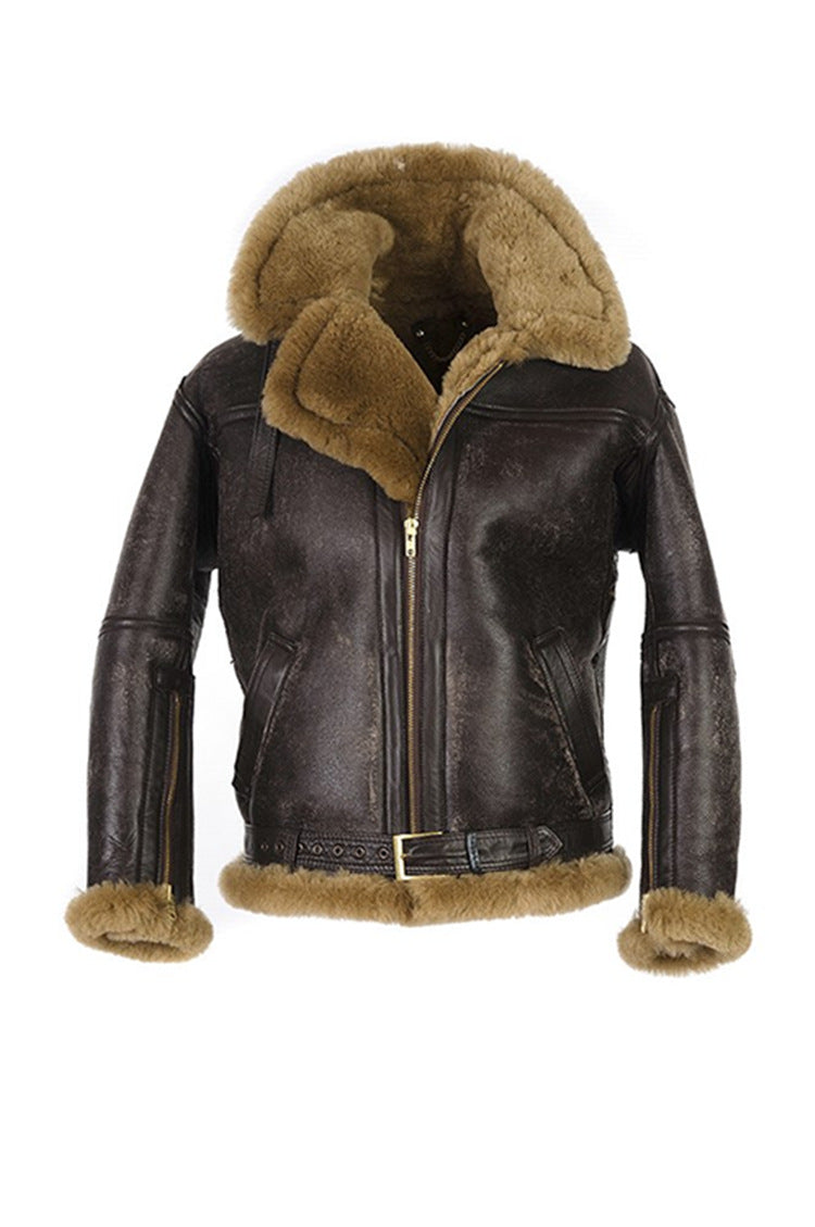 Men's sheepskin jacket with luxurious synthetic fur collar and warming lining Lisslune