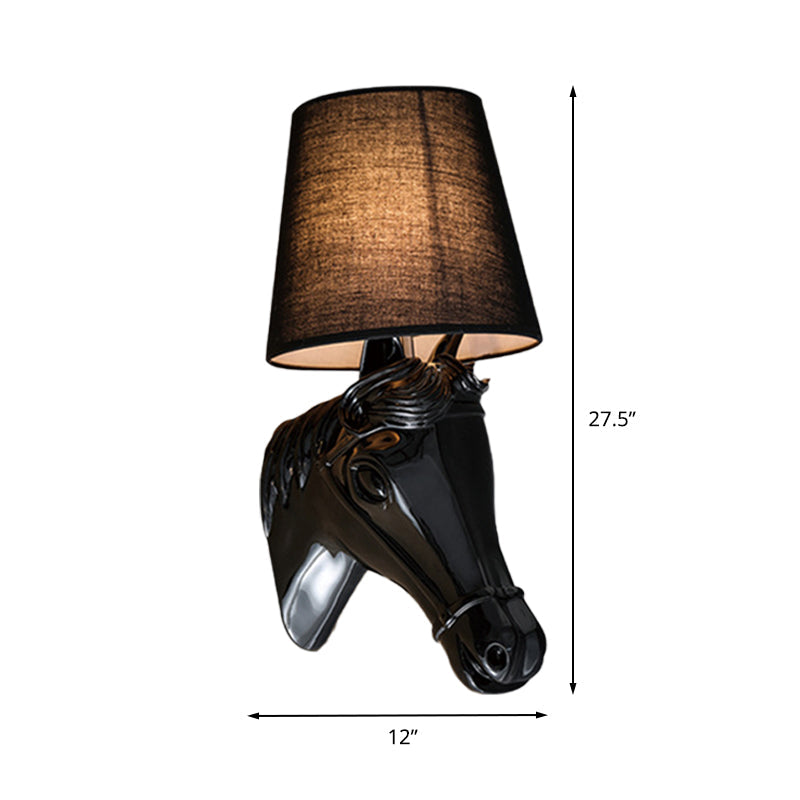 Skørter | Metal Horse Head Wall Lamp Lighting Traditional 1 Light Bedroom Wall Mounted Lamp in Black/White with Fabric Shade, 8.5"/12" B