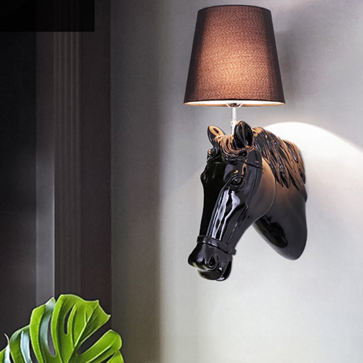 Skørter | 1 Bulb Horse Wall Lamp Classic Black/White Resin Wall Mounted Lamp with Cone Fabric Shade