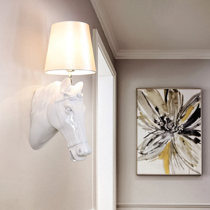 Skørter | 1 Bulb Horse Wall Lamp Classic Black/White Resin Wall Mounted Lamp with Cone Fabric Shade